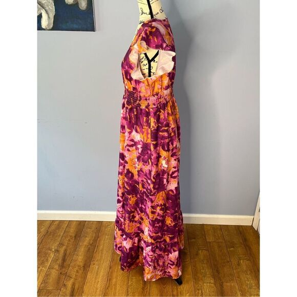 SHEIN Women’s L Classic Surplice V-Neck Maxi Dress in Dopamine Orange/Purple Flo - Picture 5 of 8